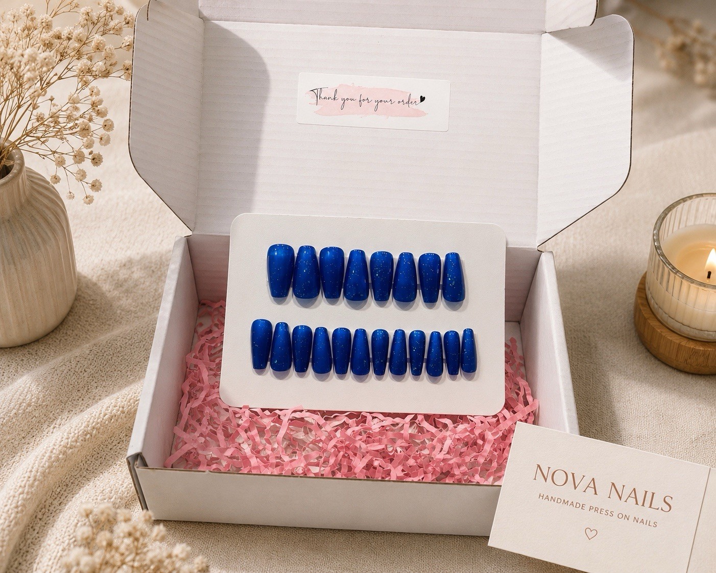 Royal Blue Glitter Press On Nails Medium Coffin Handmade Reusable 20pc Sizes 0-9