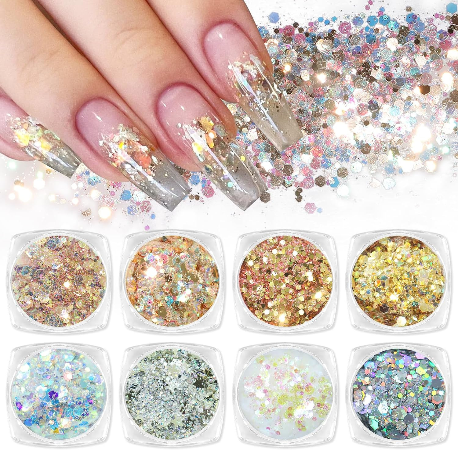 8 Colors Nail Art Glitter Diamond Dust Iridescent Nail Powder Chunky Glitter Con