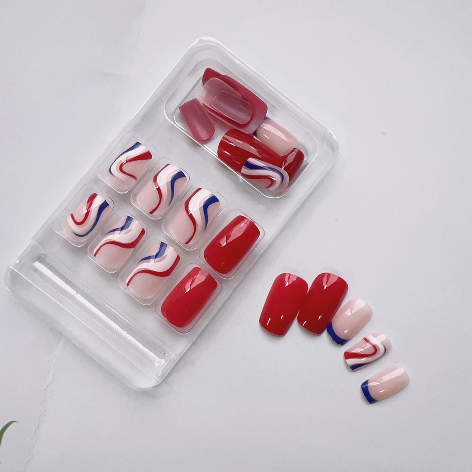 4th of July Press on Nails Short Square Fake Nails French Tip False Nails Red…