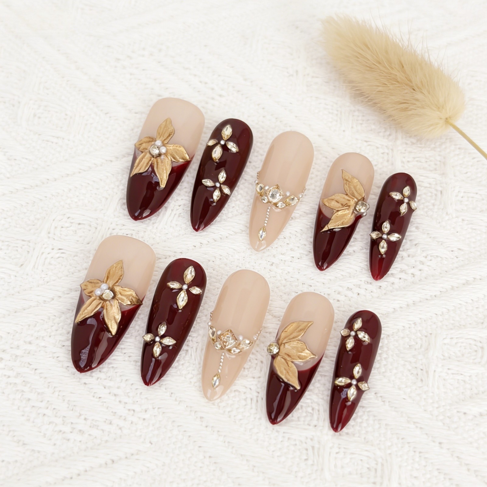 Vintage Gold Maple Leaf Red Press-On Nails with Pearls & Rhinestones Long Almond