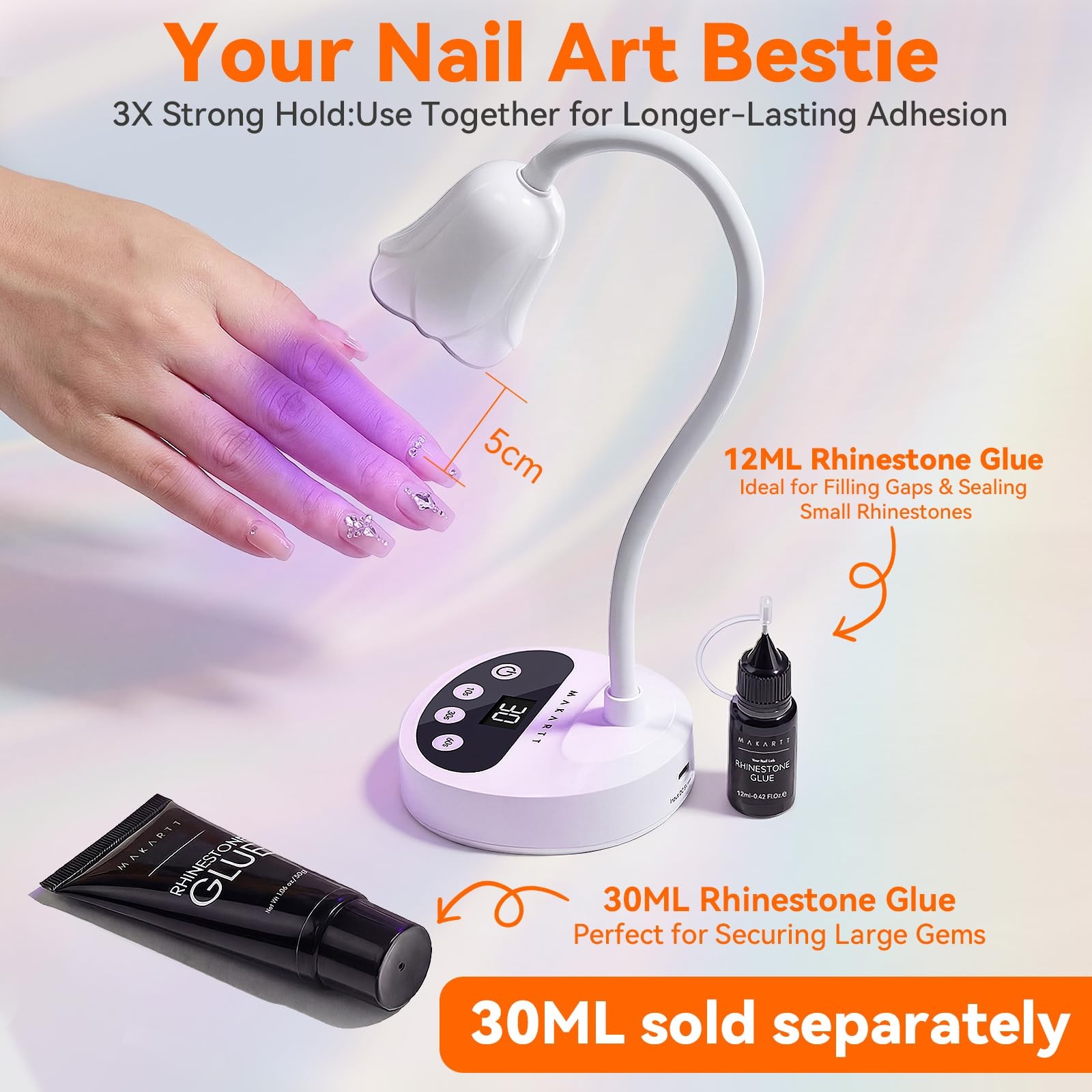 Makartt 2Pcs Rhinestone Glue Strong Hold 3D Gel Nail Art Nail Gem Glue UV Cured