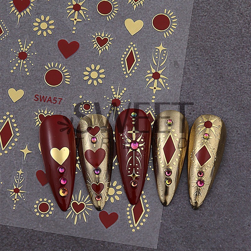 2Pcs Star Moon Sun Heart Bohemian Metallic Gold Silver Nail Stickers DIY NH28
