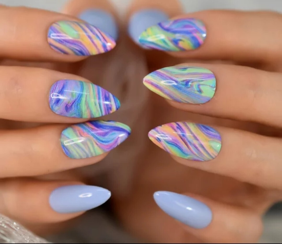 24 Periwinkle Purple Press On Nails Artsy Swirl pointed almond stiletto neon blu