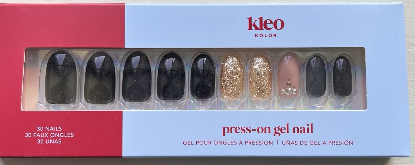 New Kleo Kolor Press-On Gel Nails 30-Pack~Dazzling After Dark Long Round Shape