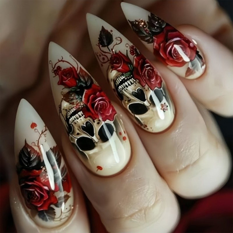 24pcs/set Halloween Fake Nail Almond Shaped ABS Fake Nail Rose Skull Design
