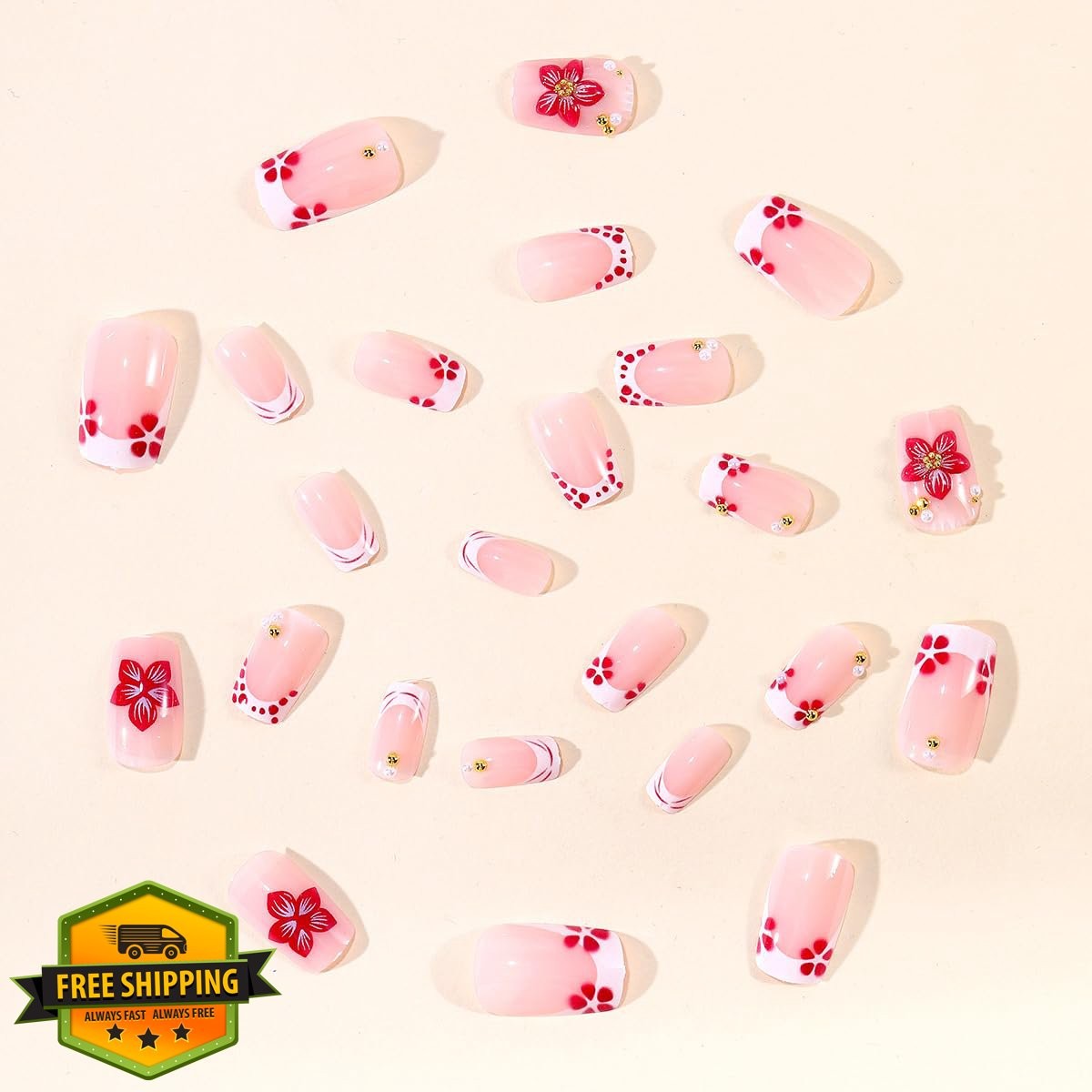 LRKNNO Pink Flower Press On Nails Medium Square French Tip