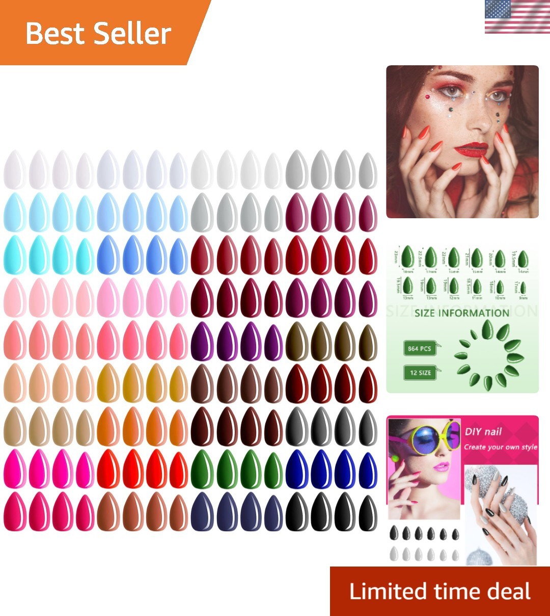 Colorful 864 Pcs Full Cover Almond Press On Nails – Perfect for DIY Nail Art