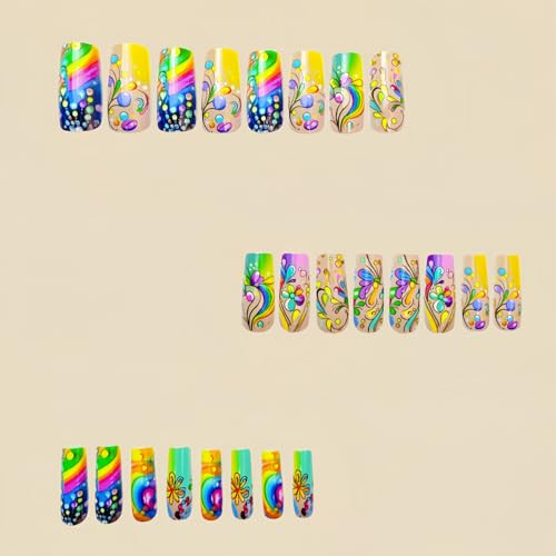 24 Pcs Square Press on Nails Medium Length Fake Nails Colorful Flower Style-A13