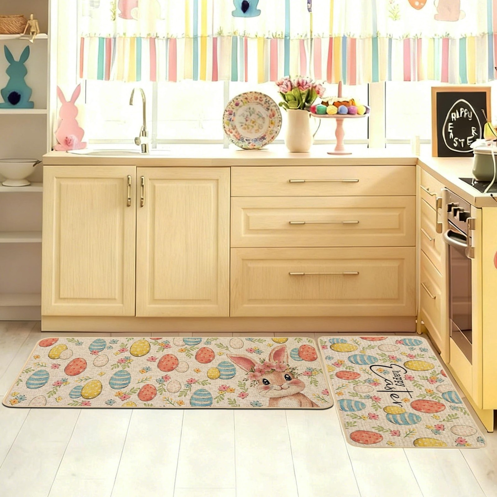 Baccessor Easter Kitchen Rugs Set of 2, Bunny Colorful Eggs Floral Kitchen Ma…
