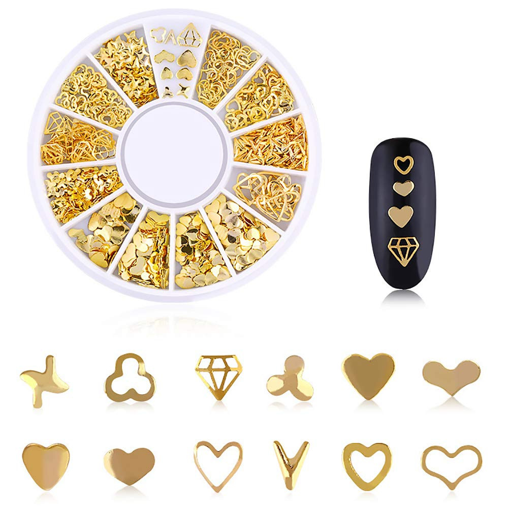 6 Boxes Gold 3D Nail Charms Star Moon Feather Nail Art Studs with Tools