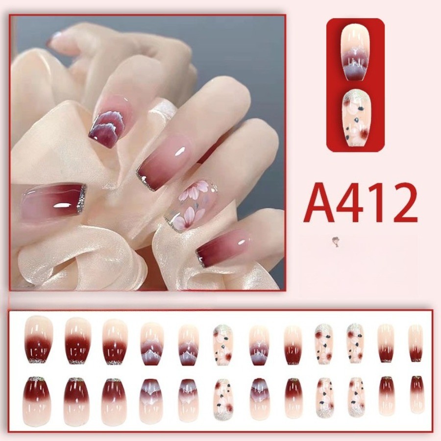 48Pcs Square Press on Nails, Wine Red Gradient Nails with Cherry Blossom Pattern