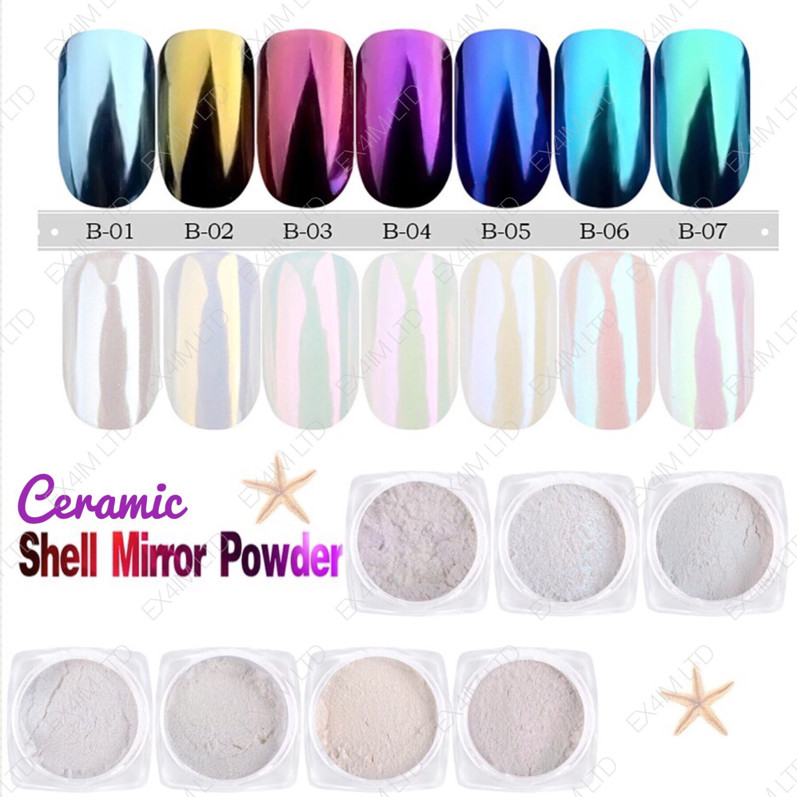 CERAMIC Nails Mirror SHELL Powder Shiny PEARL White Chrome Nail Pigment Colours