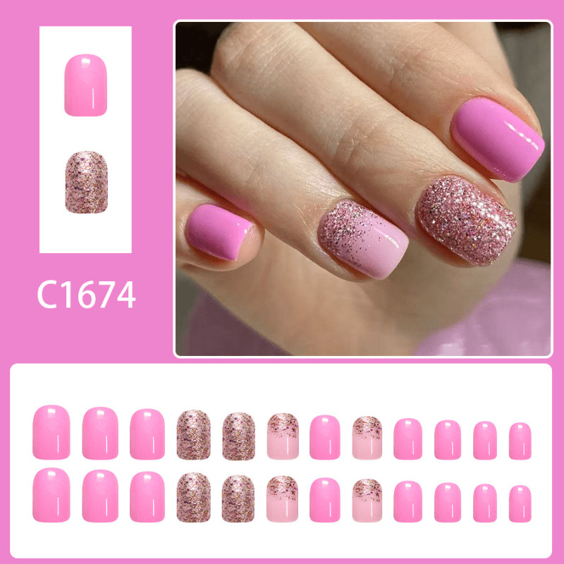 48P Short Square Press on Nails, Hot Pink Glitter Gradient Glossy Fake Nails