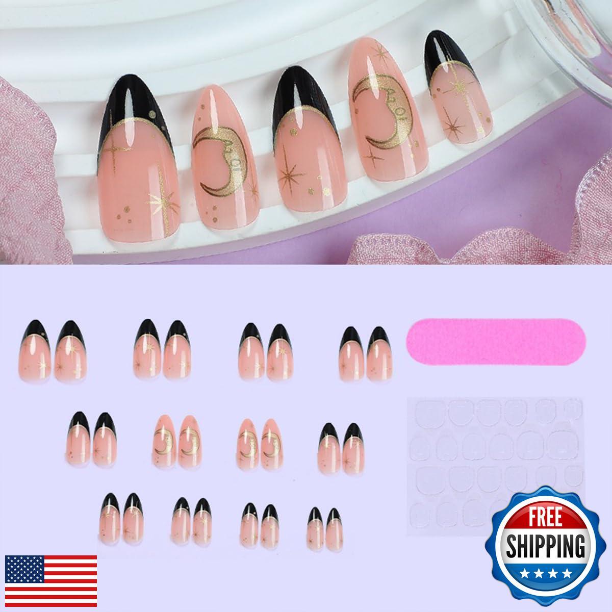 24Pcs Black French Tip Press on Nails Medium Almond Fake Nails with Stars Moon
