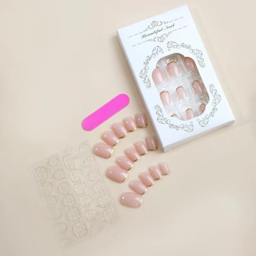 Gold French Tip Press on Nails Short Fake Nails with Design Square style01