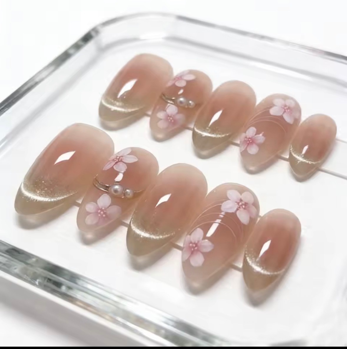 10PCS Sakura Cat Eye Floral Press On Nails Medium Long Oval Handmade Reusable