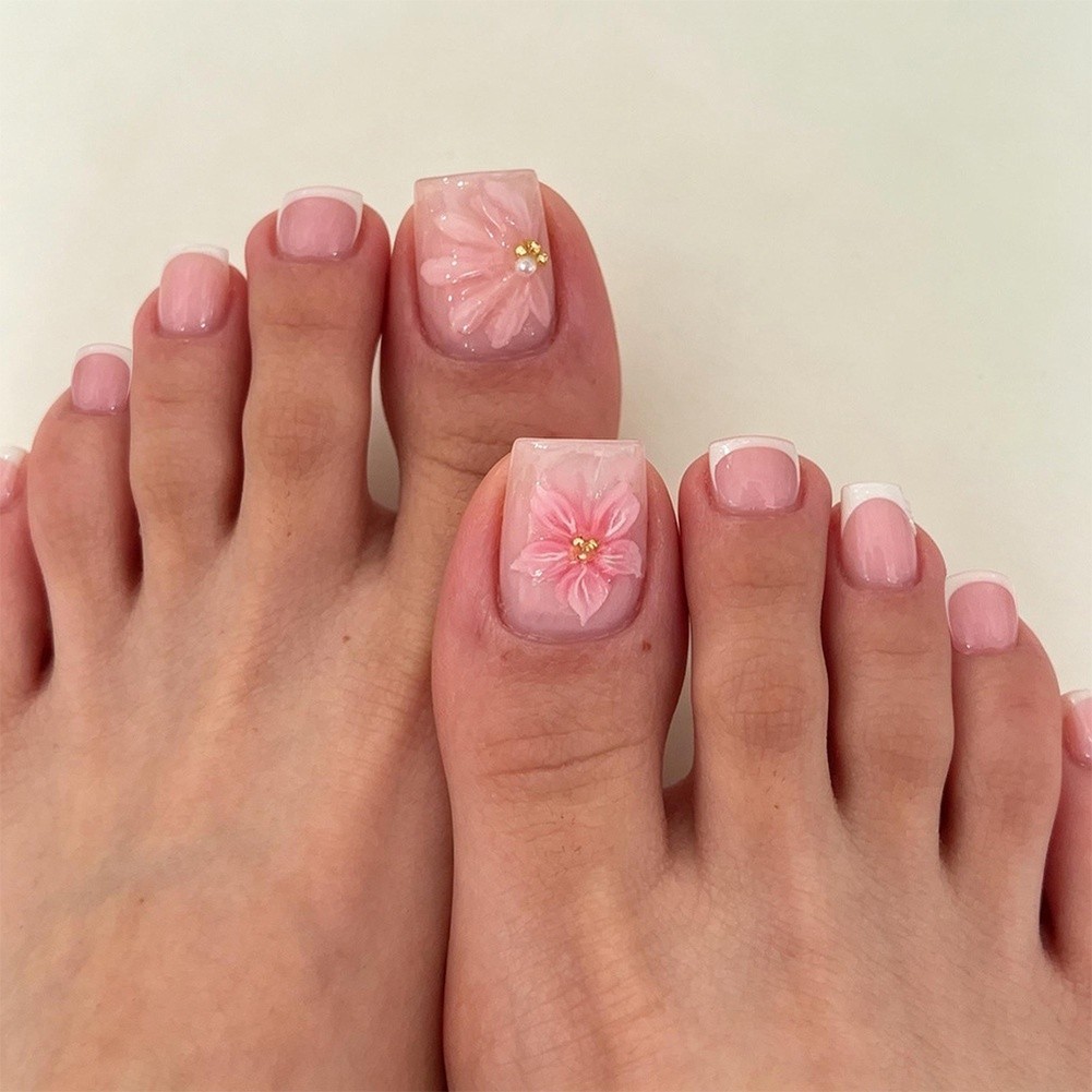 3D Floral Decorative Toe Nails 24pcs for For french False Nails Reusable