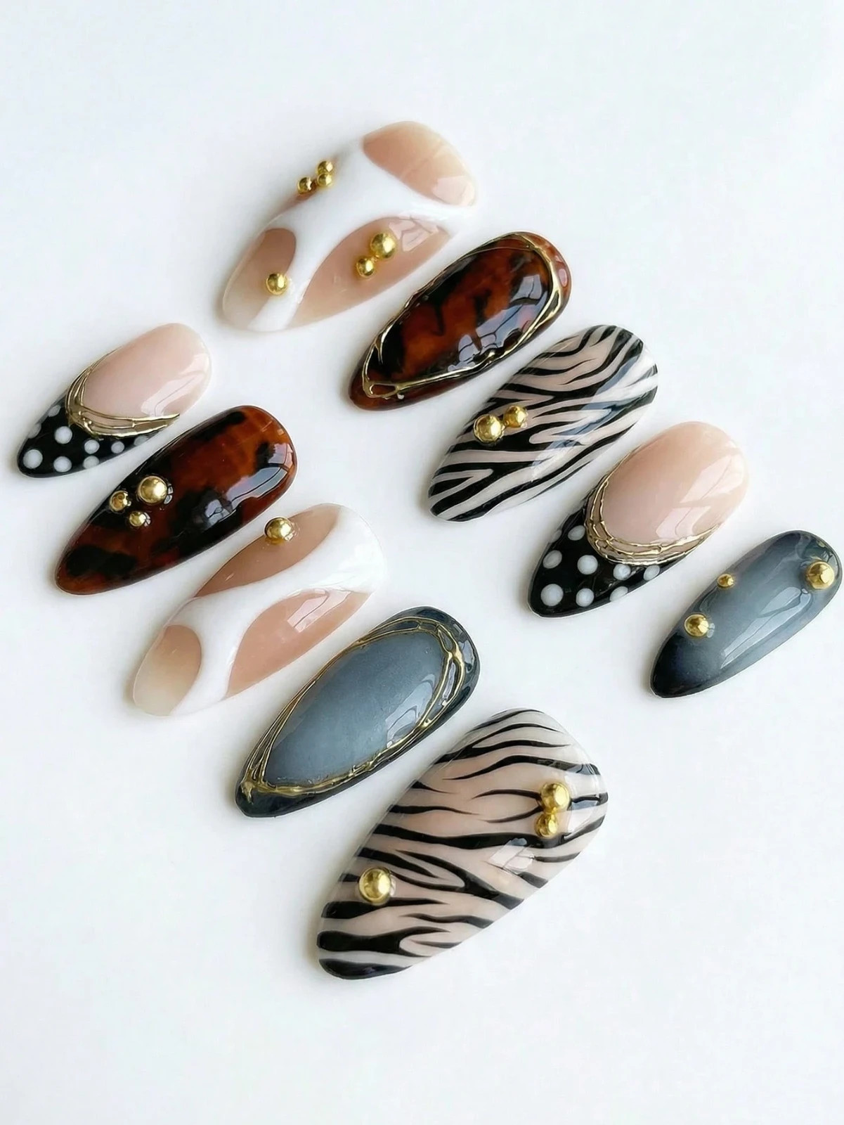 10PCS Handmade Almond Press On Nails Zebra Tortoise French Metal Charms Reusable