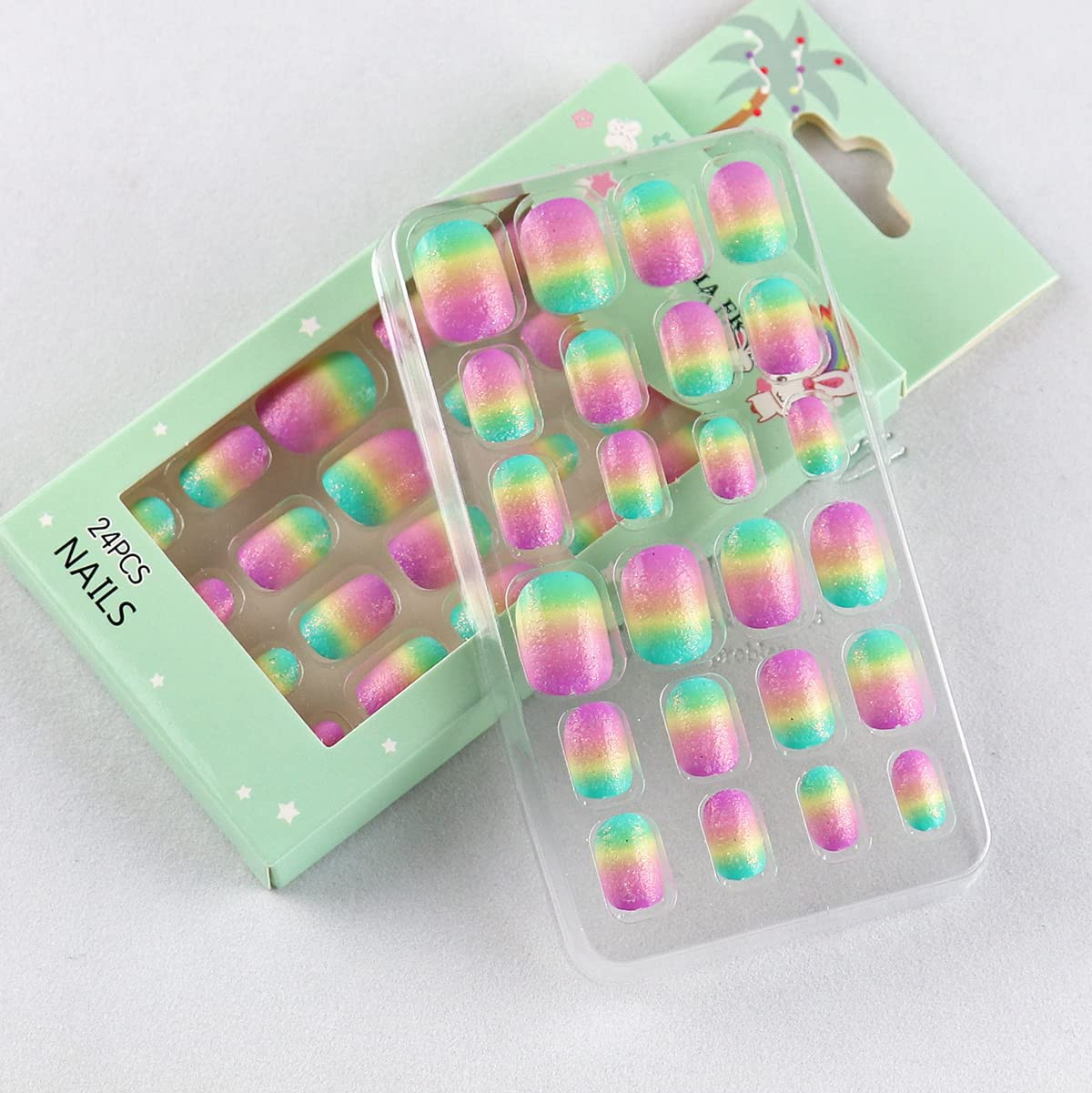 24 Pcs Rainbow Kids Press on Nails for Girls Short Oval | Sparkle Gradient Glitt