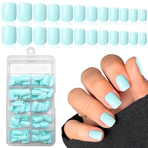 240pc Glossy Nails – Square Round – Mint Blue – Square Press on Nails