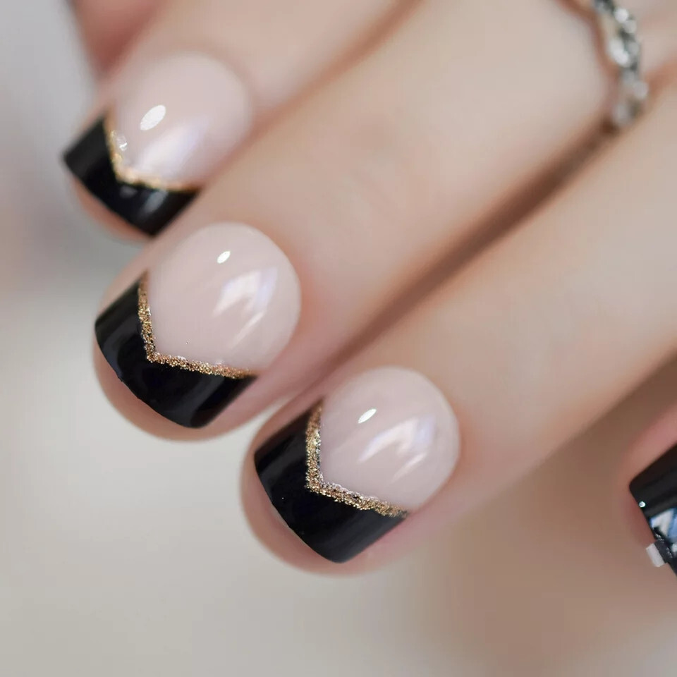 24 Short Press on nails kit w/ glue black tip french mani gold glitter line