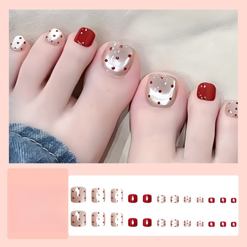 48Pcs-Short Square Press on Toenails Wine Red Silver Cat Eye Red Dot Fake Nails