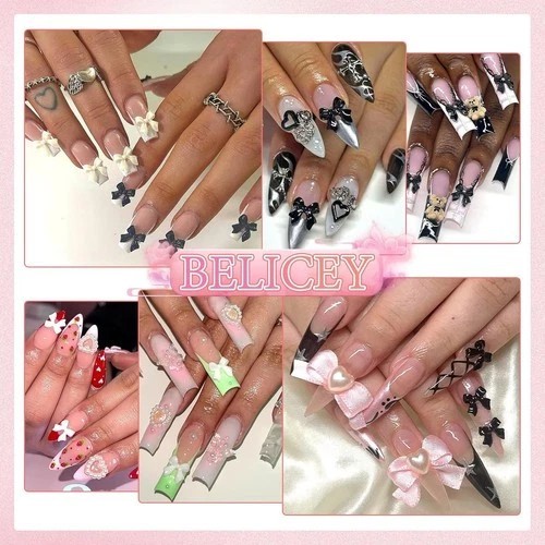 600PCS 3D Nail Charms and Flatback Pearls 3 Colors Bows Nail Art Charms Flowe…
