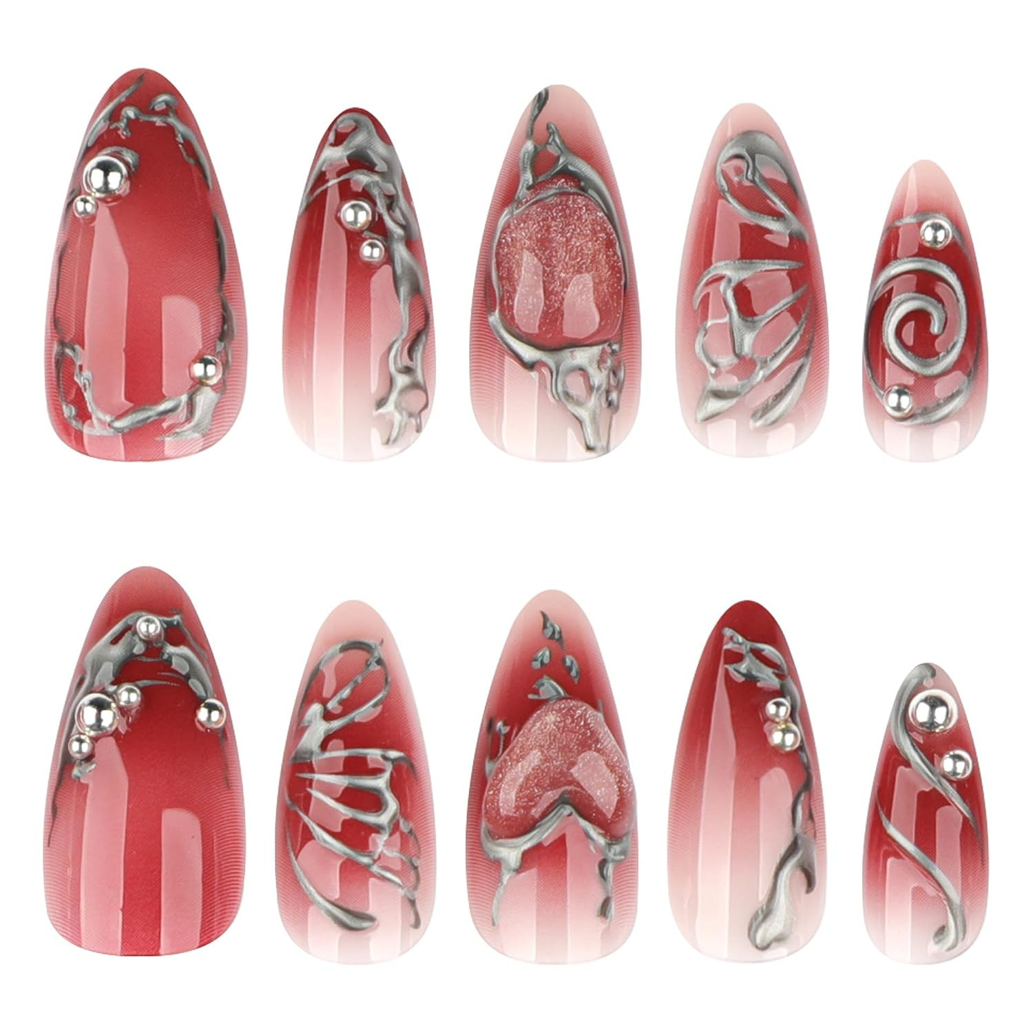 24Pcs Red Y2K Press on Nails Medium Almond Fake Nails Gothic Heart Butterfly Pun