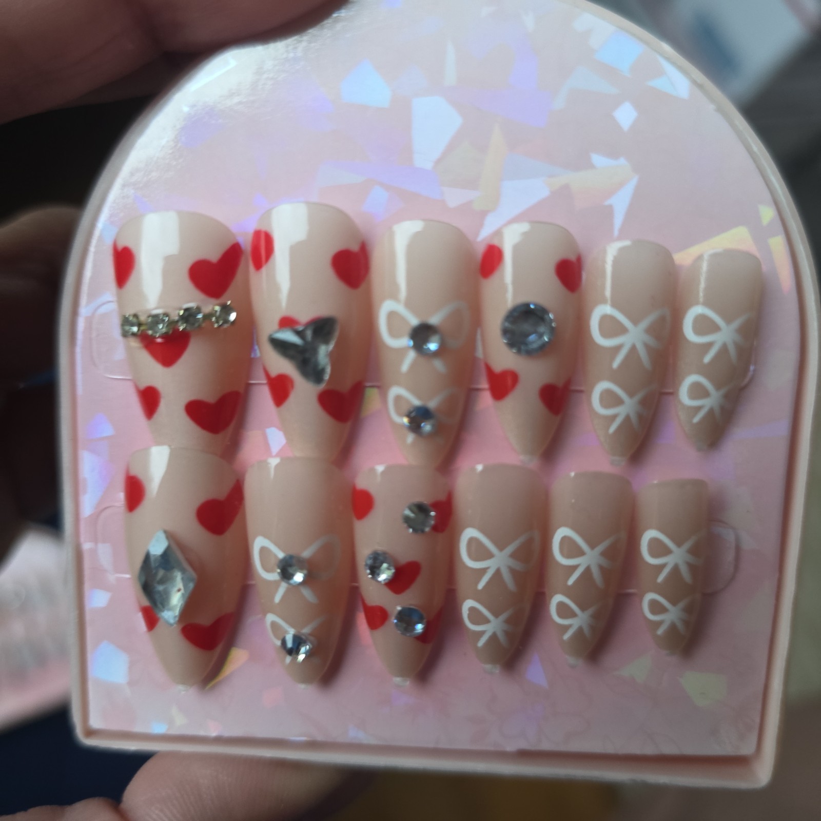 Luxury Press On Nails Lot of 6 Premium 3D Rhinestone Heart Bow Nail Art Kit