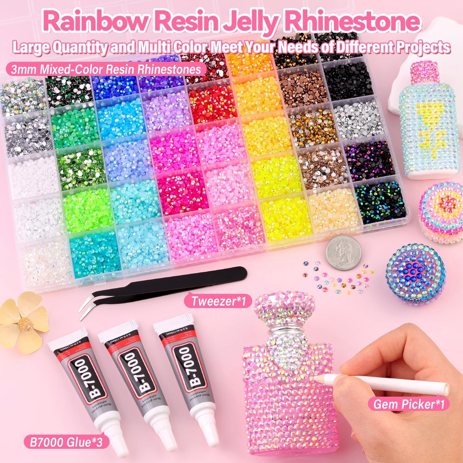 40,000 Pcs Multi-Color 3mm Flatback Rhinestones & 3x10ml Jewelry Glue Kit for DI