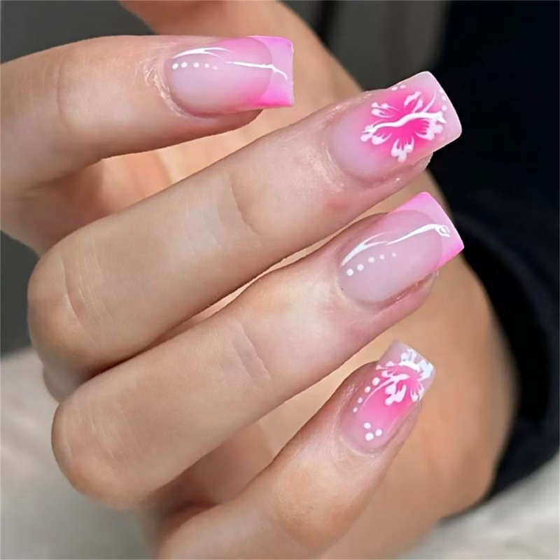 Versatile False Nail for Any Occasion Light Pink French Blush Flowers Pattern