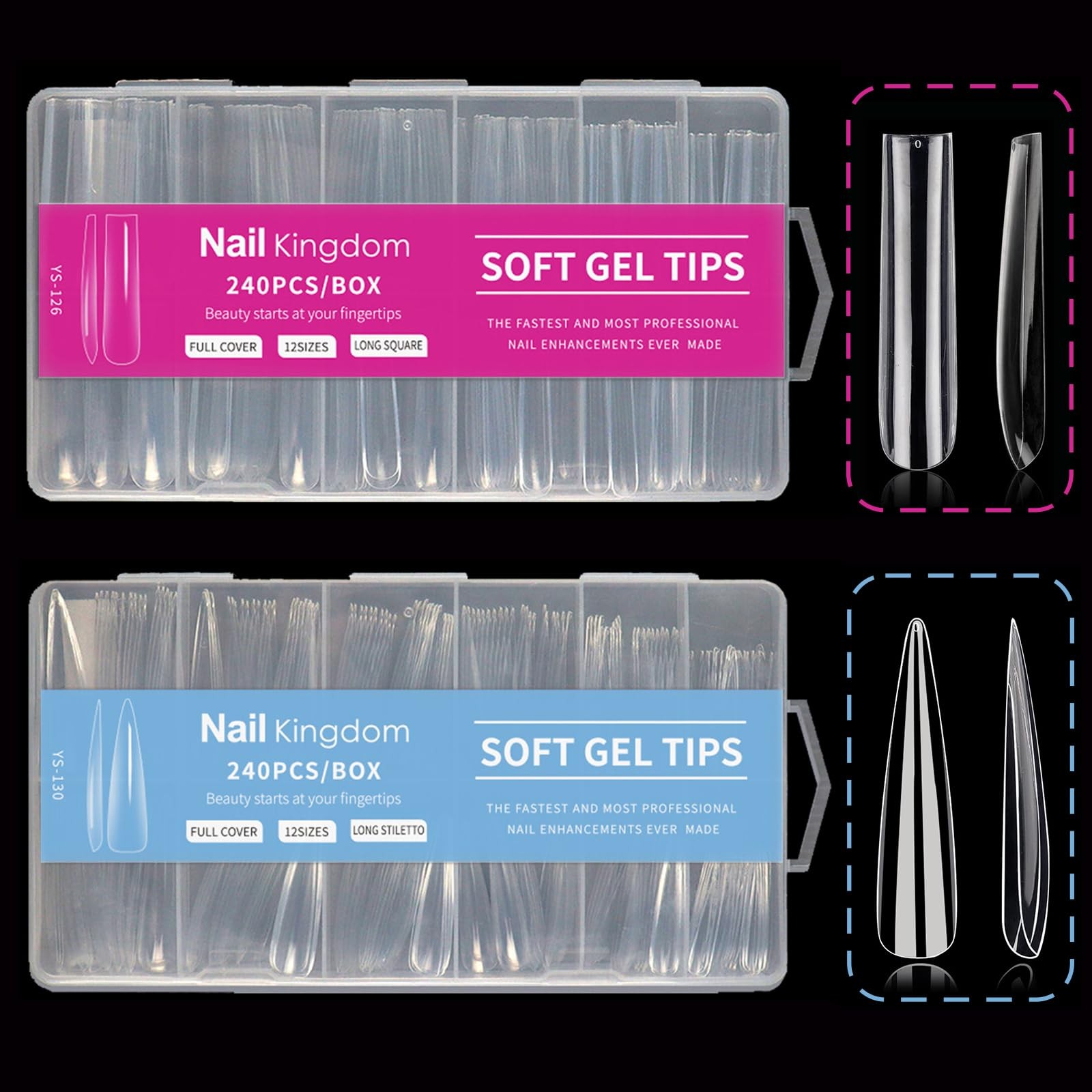 480PCS 3XL Long Clear Nail Tips – 2 Styles Soft Gel False Nails Extension Tip…
