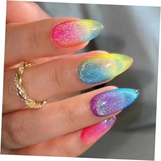 24 Pcs Cat Eye Summer Press on Nails Short Almond Colorful Fake Nails AH-01