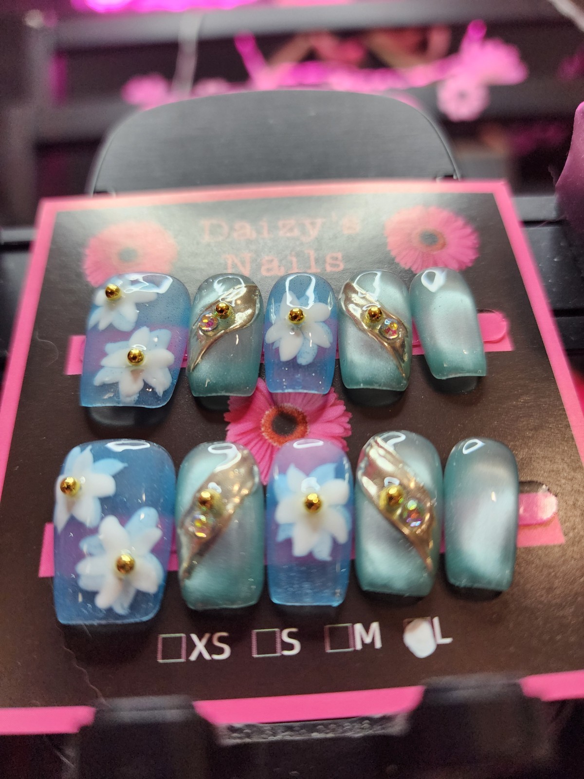 Large Size Press-on Nail 10Pc Set Handmade Squoval Blue Flowers 2.0 Cm Length