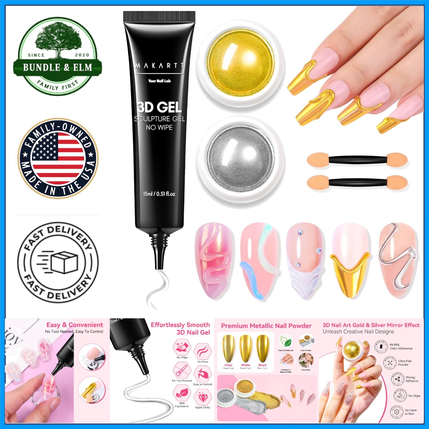 3D Nail Art Kit with Chrome Powder, Sculpting Gel & Eyeshadow Application Sticks