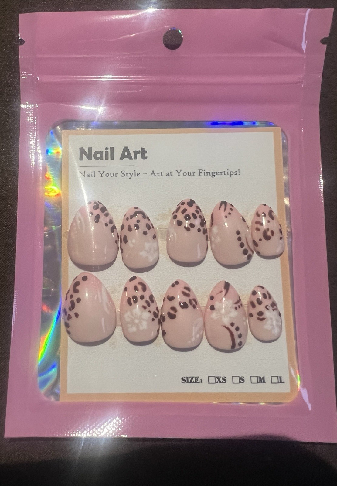 Press-On Nails Pink Brown White Leopard Floral Oval Full Cover Nail Art Set