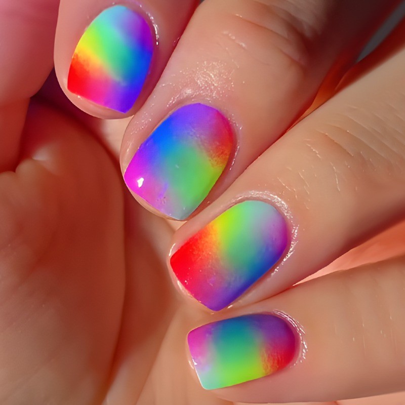 48pcs-Short Square Fake Nails, Bright Rainbow Ombre for Summer & Pride Events