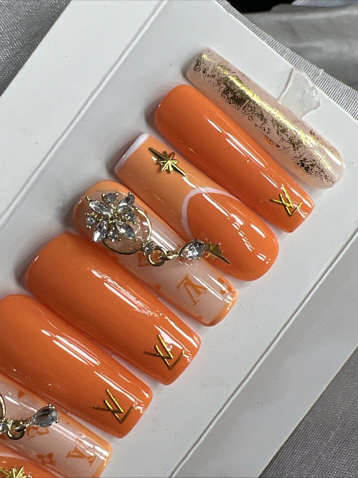 💎 CUSTOM Hard Gel Press On Nails, Orange NUDE , 10p FULL SET W Kit LONG SQUARE