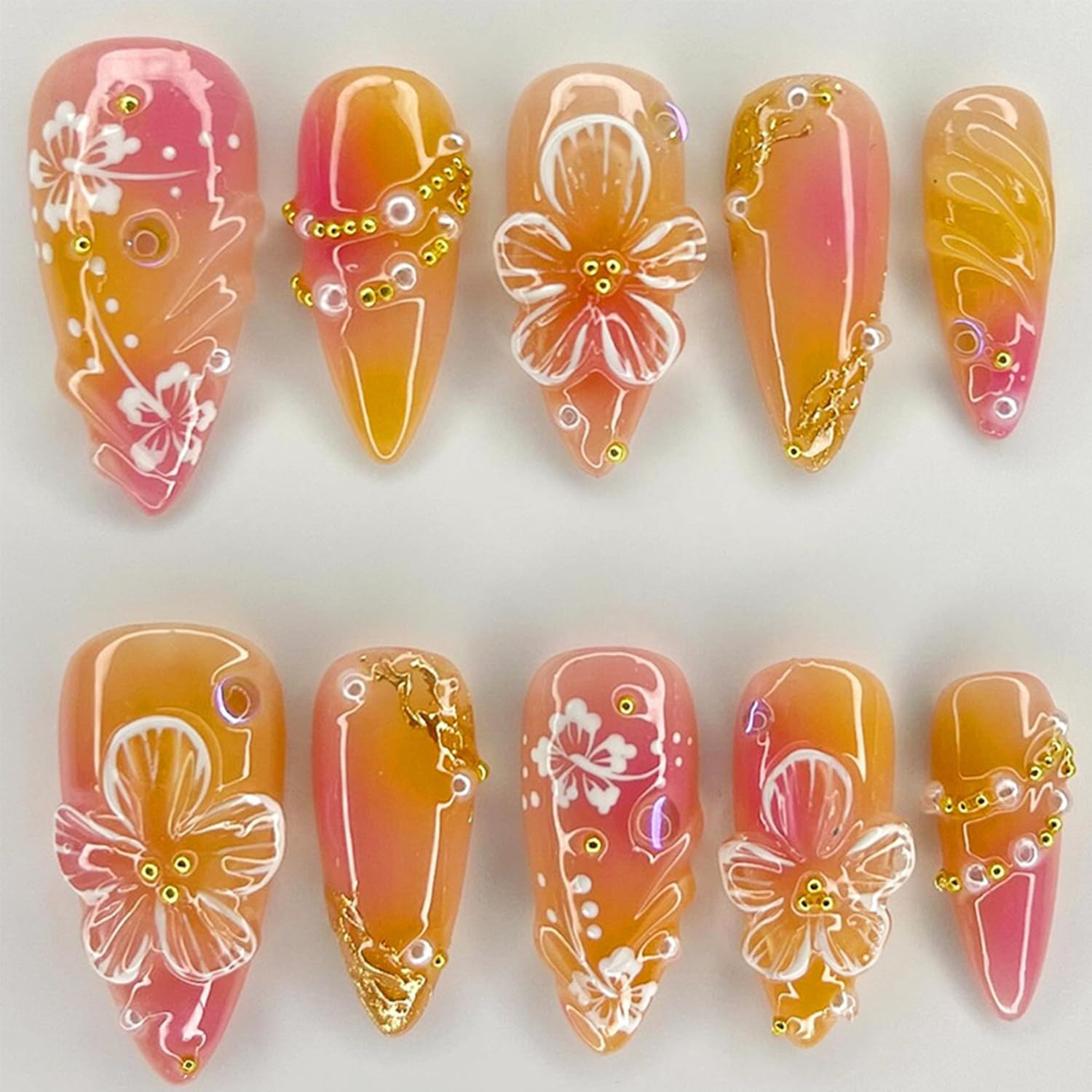 24Pcs Flower Press on Nails Medium Almond Fake Nails with Gold Beads Pearls Desi