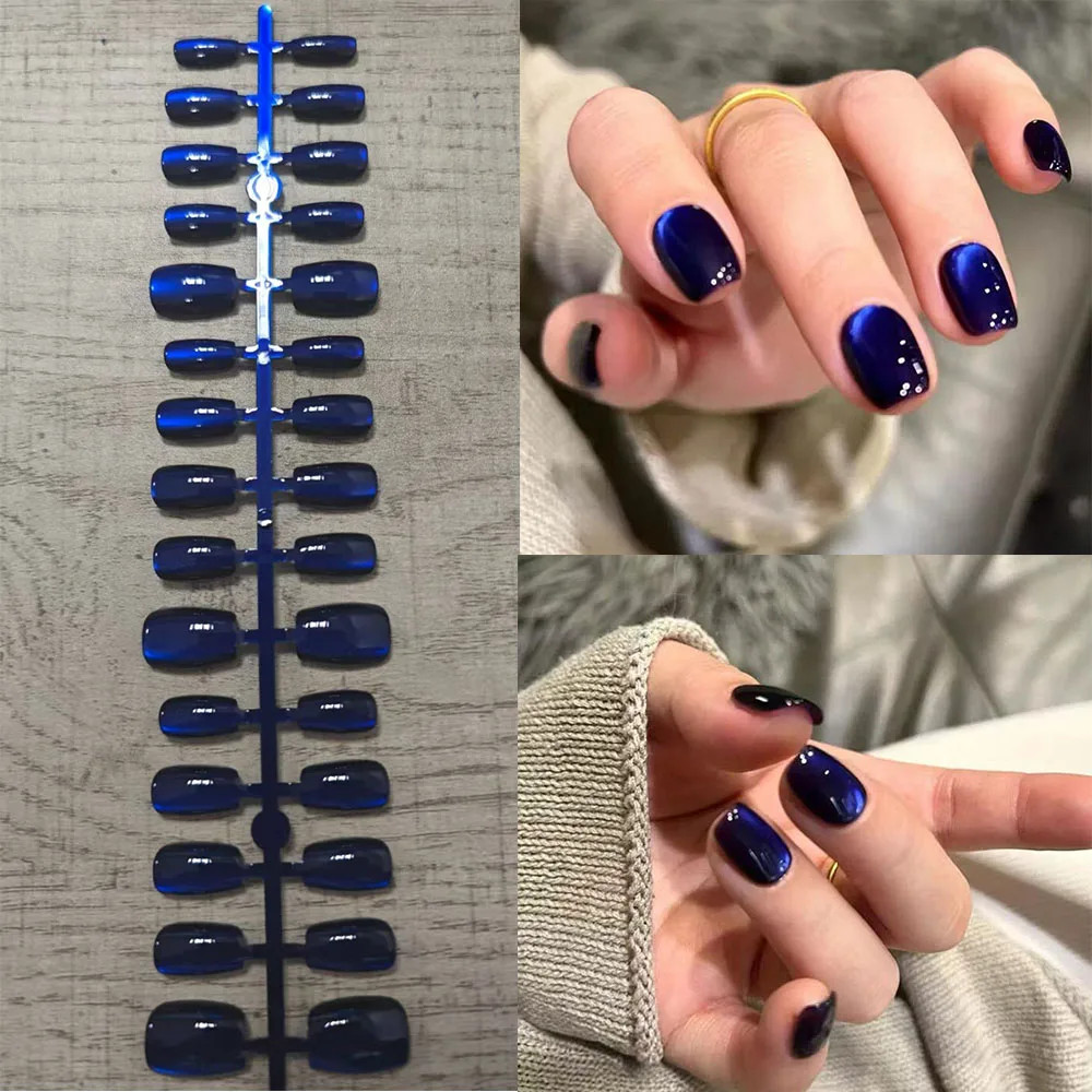 30Pcs Blue Cat eye Wearable Press on Nails Short Square Full Cover False Nails