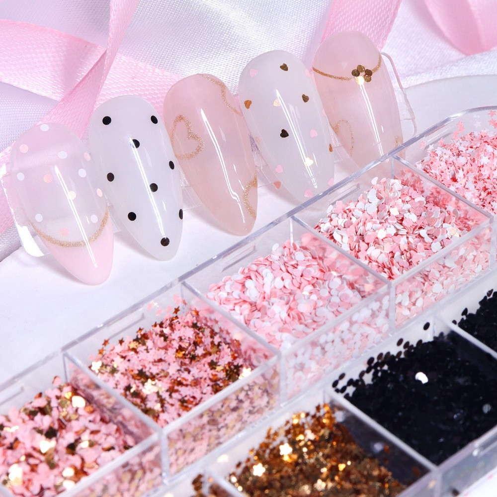 12 Grids Mixed Nail Glitter Flakes Heart Star Shape Sparkly Nail Art Decoration