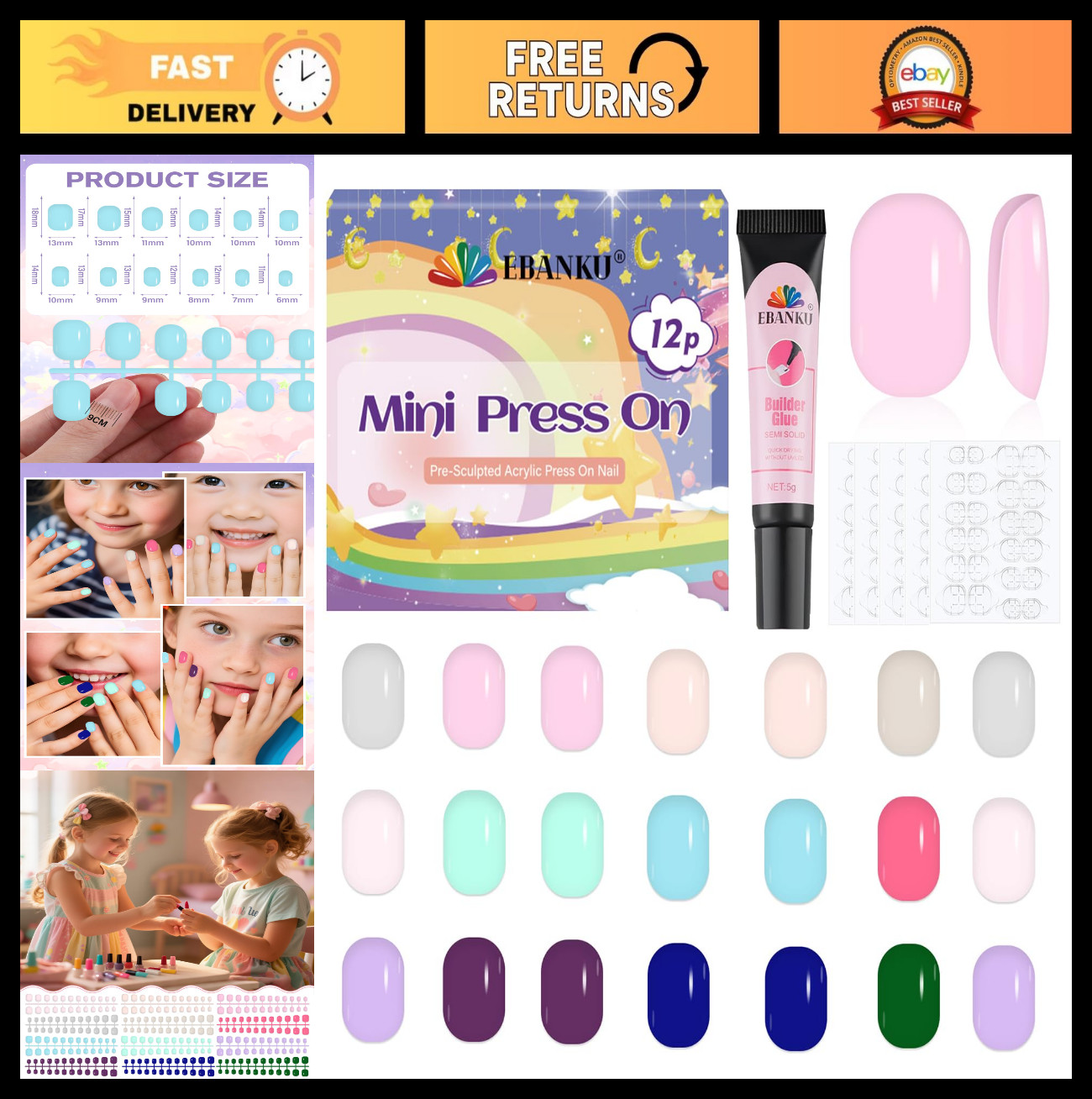 288 Pieces Kids Press On Fake Nails – Short Full Cover, Nail Glue & Adhesive Tab