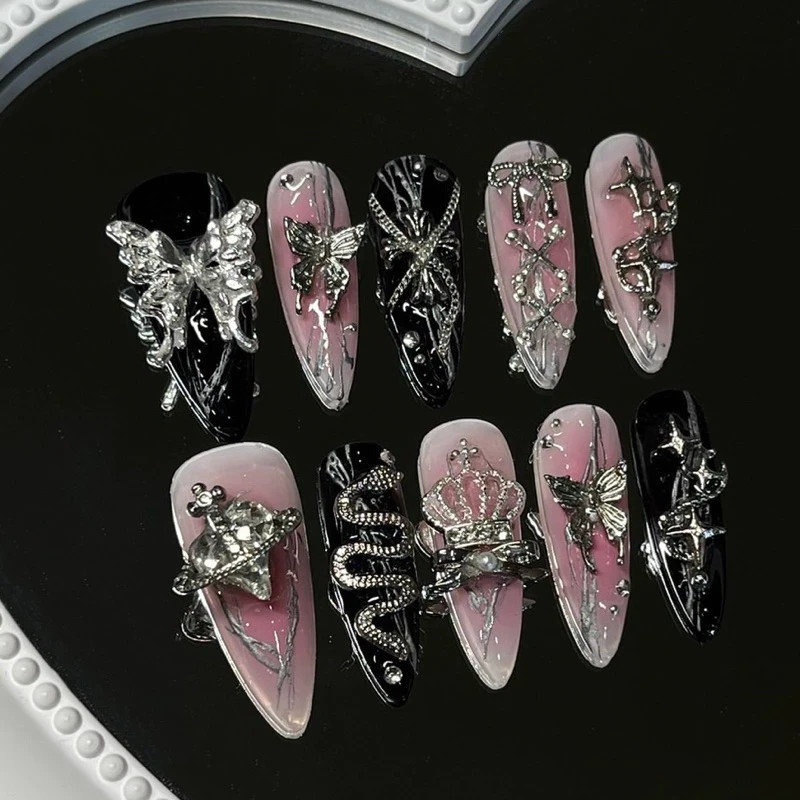 Ready-made artificial nails, gel nails, handmade, durable Pink and black 1 set