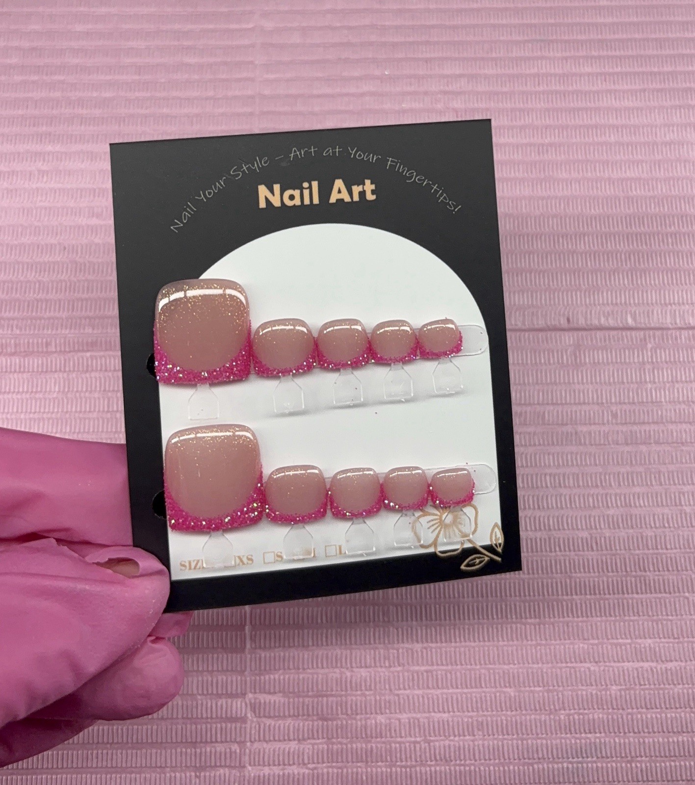 press on toenails pink glitter french tips nude handmade custom builder gel
