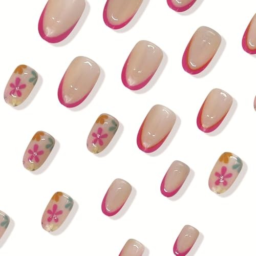 Pink French Press on Nails Almond Fake Nails with Flowers Flowers Designs-3