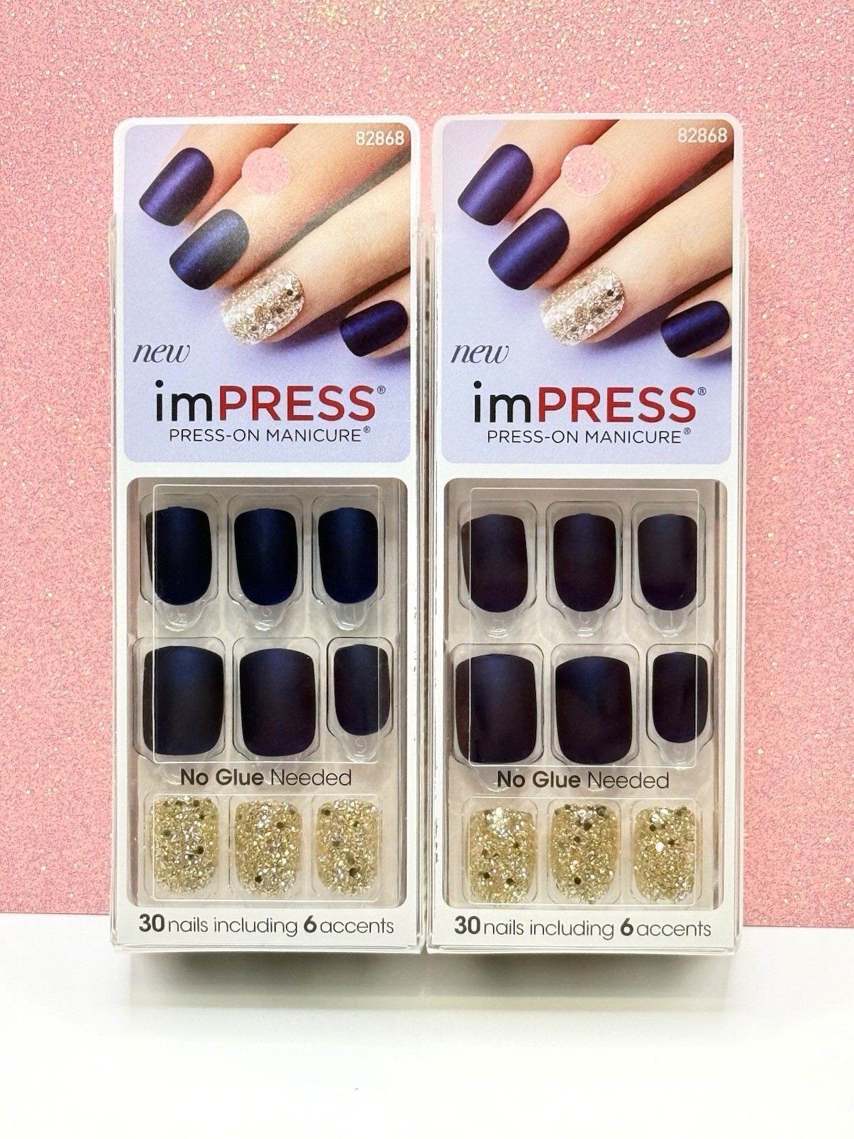 Kiss imPRESS Press-On Nails Short Navy Blue Glitter Accent 82868 Lot Of 2