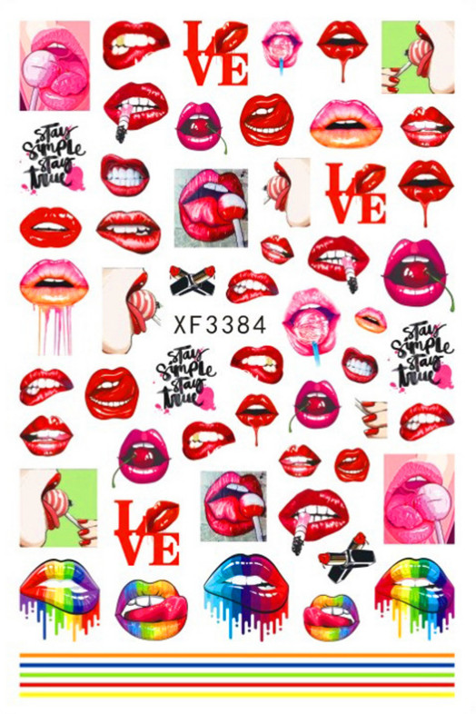 Nail Art 3D Decal Stickers Sexy Red Lips Tongue Lollipop Rose Heart Rainbow NH10