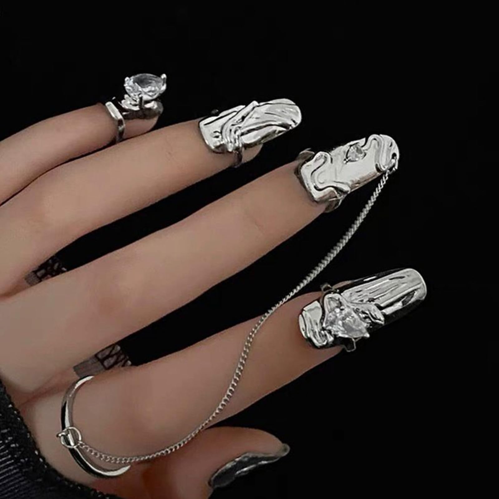 Silver Punk Finger Nail Tip Claw Rings, rhinestone Adjustable Open Nail Rings…