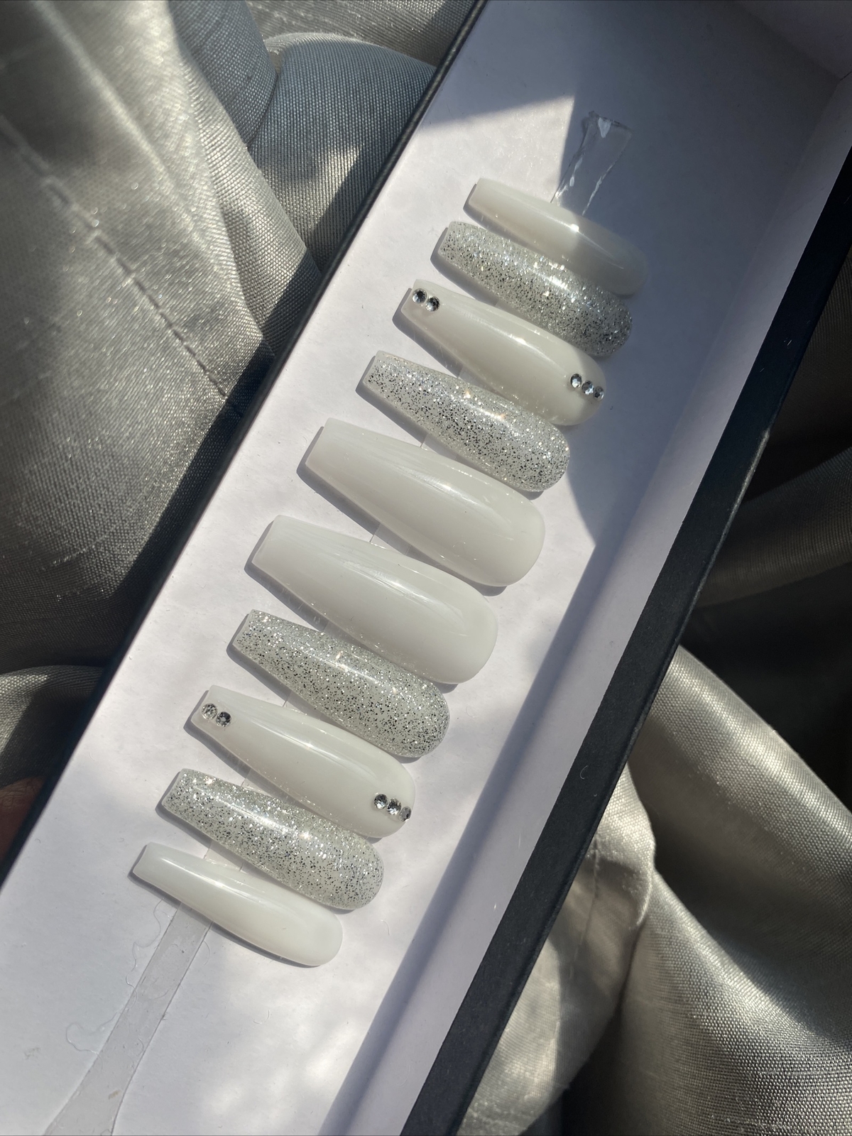 Luxury Gel Press On Nails, MILKY WHITE w/ BLING , Long Coffin, 10p W/ KIT