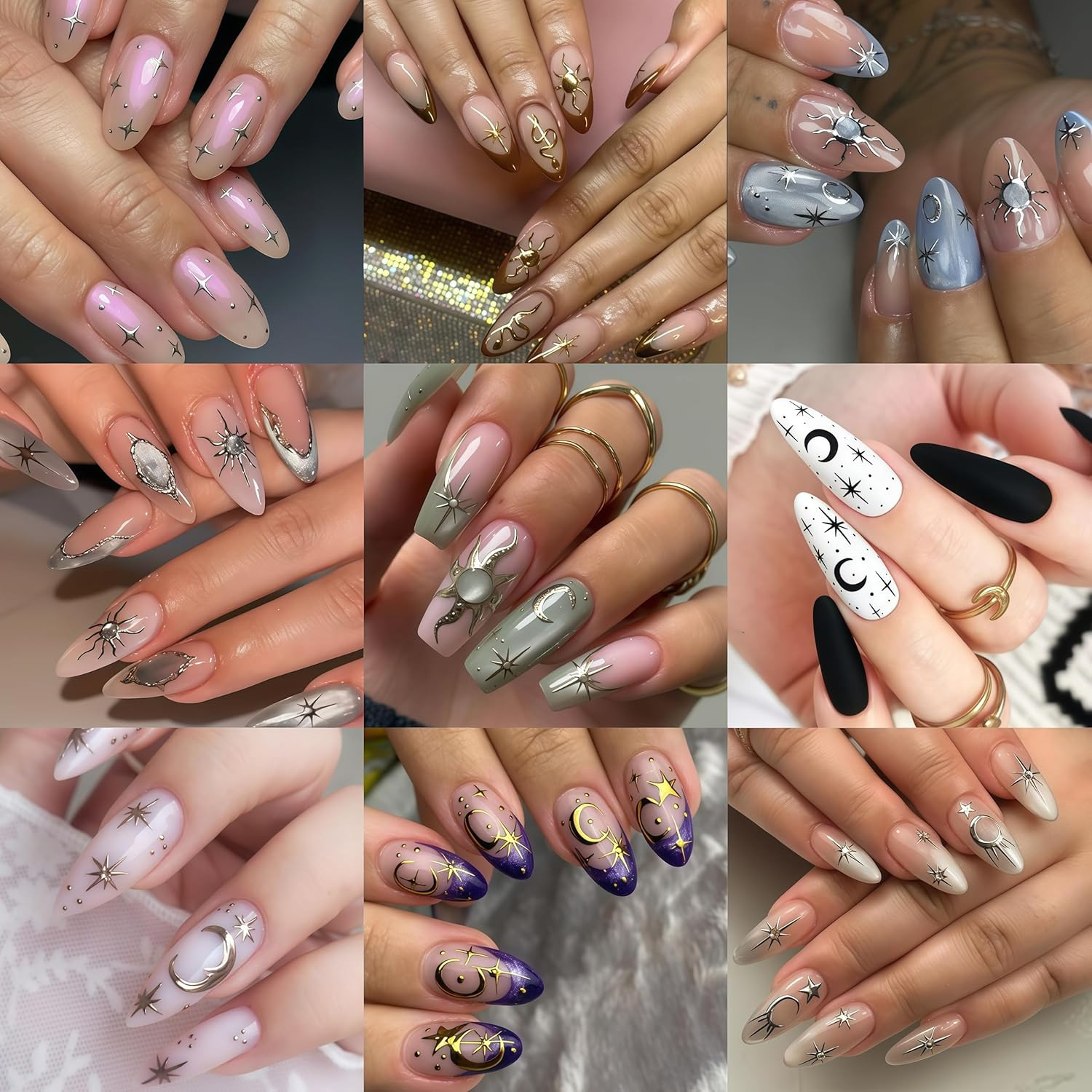 6 Sheets Gold Star Nail Stickers for Nail Art 3D Self Adhesive Moon Heart Nail A